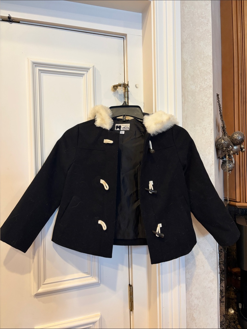 Janie and Jack Black Pea Coat with Cream Faux Fur Collar